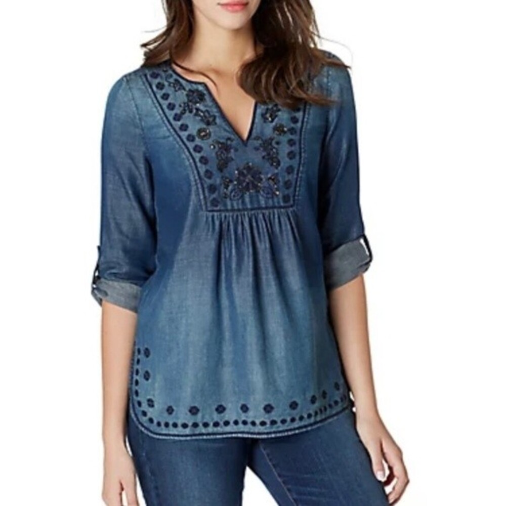 Vintage America Blues Anita Embroidered Chambray Boho top XS